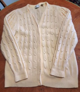 Vintage  YARN WORKS Ivory Wool Knit Pearl Beaded Button Down Cardigan Sweater Lg - Picture 1 of 4