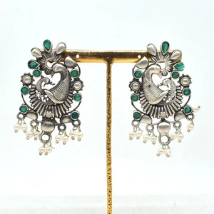 Peacock Stud Earrings Green Onyx Stone Antique Silver Jhumka Earrings Gift g426 - Picture 1 of 5