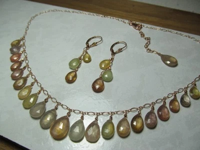 Sri Lanka SAPPHIRE faceted briolette beads 14k Rose Gold Filled Necklace set Foto 1 de 4