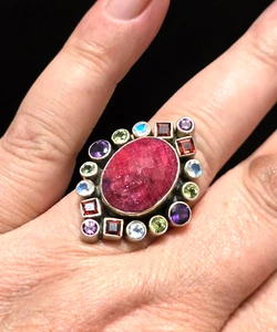 Anello cocktail vintage NB rubino sterling corindone e multi gemme misura 6,5 e 12 grammi R671 - Foto 1 di 5