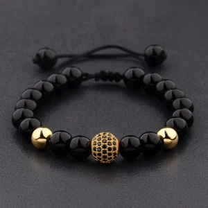 Luxury Men Natural Black Lava Gold Zircon Micro Pave CZ Beaded Macrame Bracelets - Picture 1 of 9