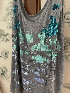Lane Bryant graues Tanktop selten Meerjungfrau blau Pailletten vorne Gr. 22/24 Leinenmix. - Bild 1 von 5