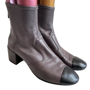 Chanel sock boots 38 womens gray lambskin cap toe black bootie block heel logo - Picture 1 of 20