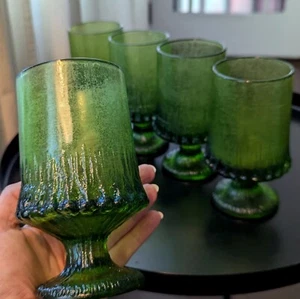 VTG Fostoria Sorrento Green Footed Glass Texture Wine Goblet Heavy Set 5 70s Art - Picture 1 of 21