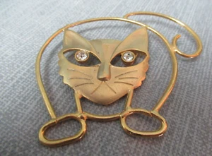 Gold Brushed Metal Cat Pin - Wire Outline & Rhinestone Eyes - 2" t - 12 187 - Imagen 1 de 4
