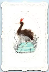 1894 Mexiko Souvenir Wasservögel Karte echte Federn angebracht Feder Tusche Aquarell NN - Bild 1 von 2