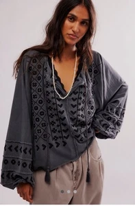 Free People Savannah Embroidered Top Balloon Sleeves Slouchy Washed Black XS NWT - Picture 1 of 5