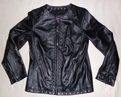 BRADLEY BAYOU BLACK GENUINE LEATHER STUDS RACER BIKER MOTORCYCLE JACKET Womens S - Image 1 of 4
