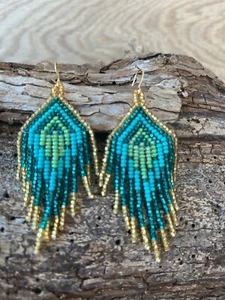 OCEAN Elegant Turquoise Beaded Earrings Teal Green Gold Diamond Tribal BE-S6 - Picture 1 of 3