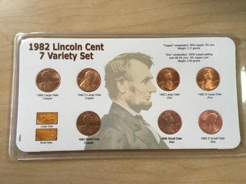 1982 Lincoln Cent 7 Coin Variety Set; BU; in Plastic Sleeve with Descrip. Card Cover