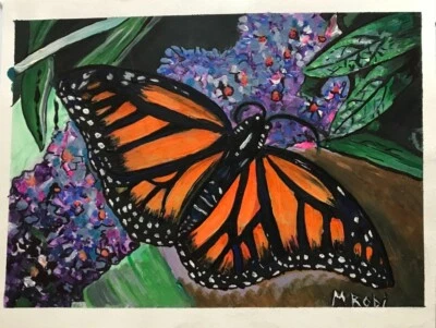 Pintura de arte acrílico Mariposa monarca dibujada a mano por Mark Robinson 14 x 11" dibujo Foto 1 de 4