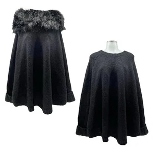 MICHAEL KORS Womens S M Sweater Cape Removable Faux Fur Collar Oversized BLACK - Picture 1 of 24