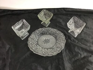 INDIANA GLASS Pineapple & Floral Clear 1 Dinner Plate & 3 Diamond Compote Bowls - Picture 1 of 3