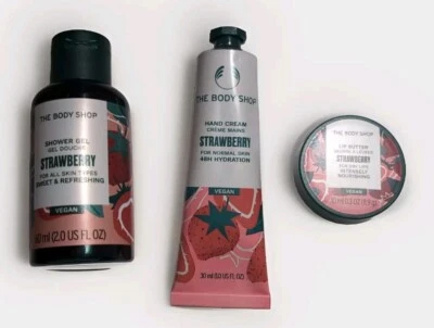 New THE BODY SHOP Strawberry Shower Gel, Hand Cream and Lip Butter - Vegan - Image 1 of 3