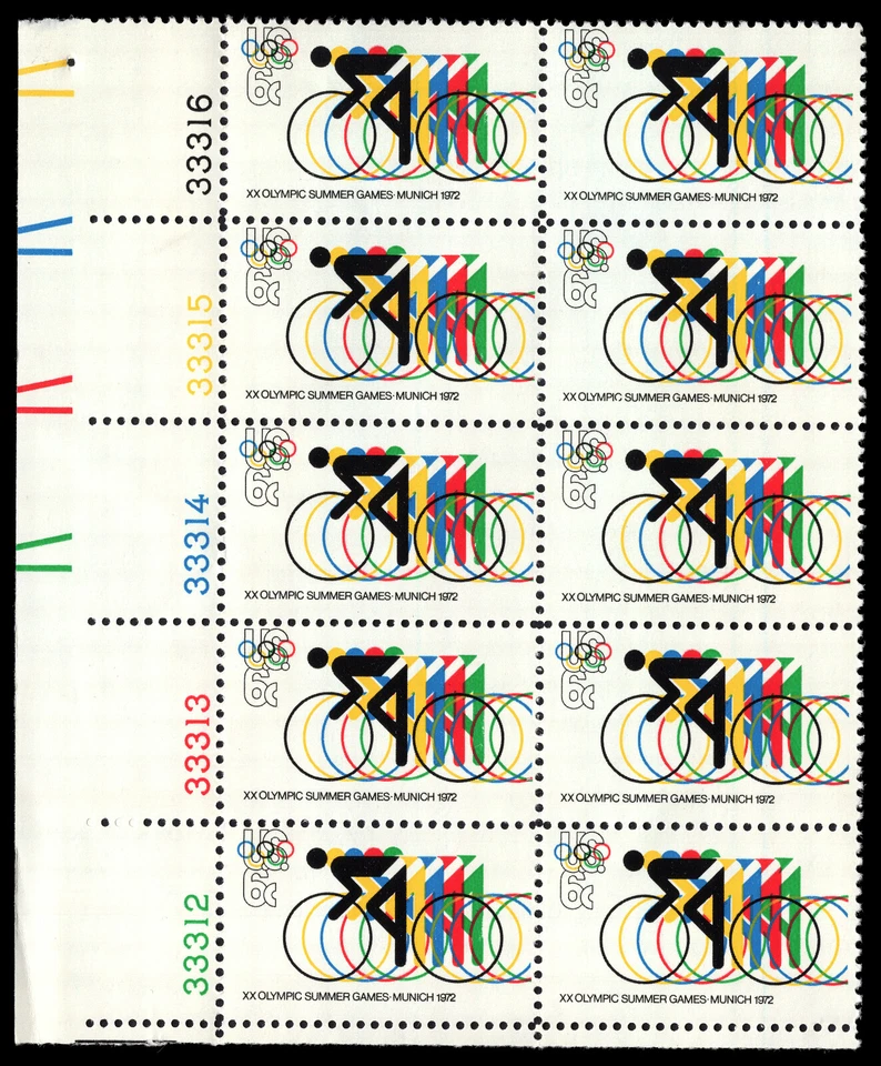 US Scott # 1460, ciclismo, Juegos Olímpicos, bloque de placas de (10) estampillas de 1972 de 6¢, MNH Foto 1 de 1