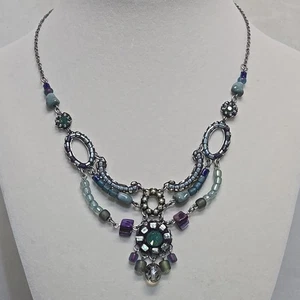 Ayala Bar Handmade Mosaic Beaded Necklace Blue Purple Glass 15" + 2.5" Extender - Picture 1 of 13