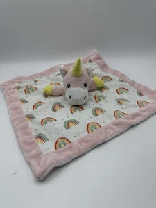 Pink Unicorn Lovey Security Blanket Plush Pink Trim White W Rainbow 13” X 13” - Picture 1 of 6