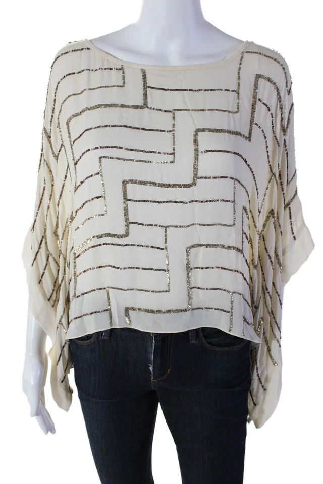 Blusa caftán parker para mujer con lentejuelas de seda adornada beige talla S Foto 1 de 4