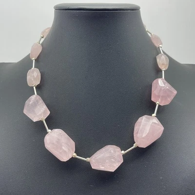 Sterling Silver 925 Chunky Rose Quartz Pink Statement Necklace 17" - Image 1 of 4