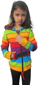 Girls Kids Rainbow Stripe Colorful Hoodie Hippie Bohemian Cute Long Hood Jacket - Picture 1 of 4