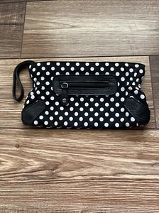 Clutch Handtasche kleines Etui Reißverschluss schwarz weiß gepunktet Handgelenkgriff - Bild 1 von 7
