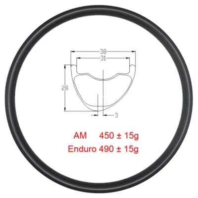 29er AM Enduro山地车自行车碳边28毫米深38毫米宽无内胎无钩  — 第 1/4 张图片