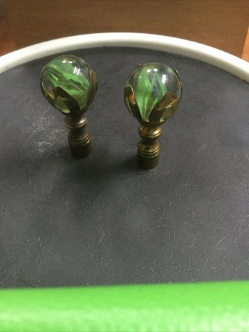 Pair Of Green Cats Eye Marble Lamp Finials Cover