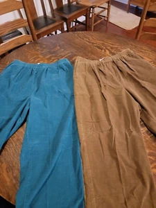 2 Pr.Cabin Creek Women's Teal Green & Brown Elastic Waist Corduroy Pants Size 16 - Picture 1 of 11