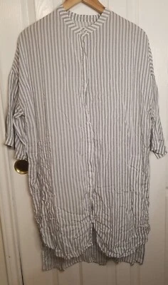 DKNY Women's Short Button Up Gray White Stripe 3/4 Sleeve Shirt Dress Size L - Image 1 of 4