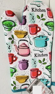 "Tela Impresa Cocina 12" Horno Mitt, COLORIDAS OLLAS Y PLATOS DE COCINA, azul agua, HS - Imagen 1 de 12