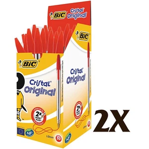 2X Pack of 50X BIC CRISTAL Medium Ball Pens Crystal Biros Ballpoint In Red - Picture 1 of 5