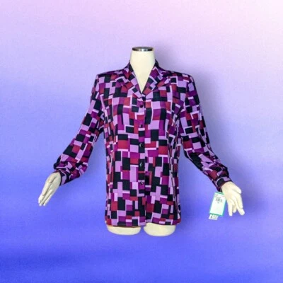 LESLIE FAY HABERDASHERY фиолетовый пуговицах рубашка атласный геометрический женский размер 10  - Изображение 1 из 4