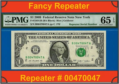 2009 $1 Federal Reserve Note PMG 65EPQ fancy repeater serial number 00470047 - Image 1 of 3