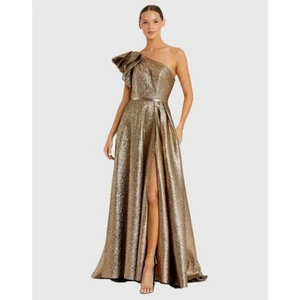 Mac Duggal Gold One Shoulder Metallic Ball Gown Antique Bronze Size 8 NWT #67297 - Picture 1 of 16