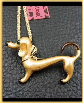 Betsey Johnson Gold Enamel Crystal Dachshund Dog Pendant Necklace Brooch NWT - Image 1 of 4