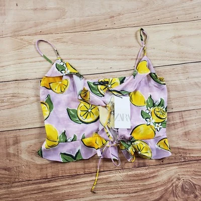 Zara 背心上衣女式 XS 紫色黄色柠檬印花领带前作物全新带标签夏季 — 第 1/4 张图片