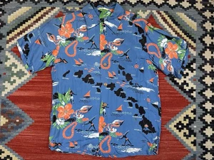 Vintage 40s 50s Hawaiian Togs Rayon Shirt Men Medium Blue Map Print Loop Collar - Picture 1 of 10