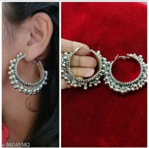Bollywood Ghungroo Silver Oxidized Indian Loop Jhumka Earring Fashion Cz Jewelry - Picture 1 of 3