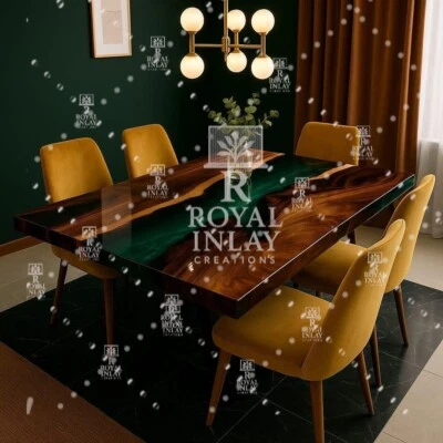 Luxury Green Resin & Wood Dining Table – Handmade Modern Epoxy River Design - Image 1 of 4