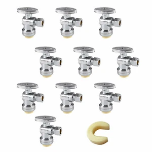 EFIELD 10 PCS 1/2" PUSH FIT X 3/8" OD ANGLE VALVE 1/4TURN WITH CLIP, LEAD FREE - Picture 1 of 4