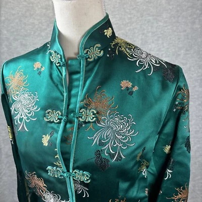Vintage 60s Silk Jacket M Chinese Peony Brand Vibrant Green Tapestry Mandarin - Image 1 of 4