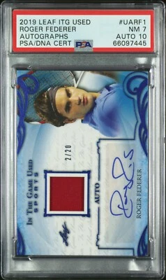 /20 RELIC PATCH AUTO Roger Federer 2019 Leaf In The Game Used AUTOGRAPH PSA 10 7 - Image 1 of 4