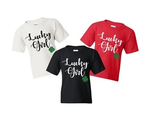 Youth Lucky Girl St. Patrick’s Day Shirt - Cute Shamrock Irish Tee for Kids - Picture 1 of 6