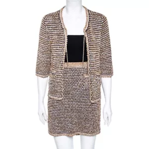 CHANEL Beige Brown Navy Gold Chain Knit Cardigan Jacket Skirt Suit FR 38 US6 - Picture 1 of 8