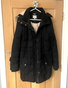 Fat Face Warm Fleece Down Feather Padded Winter Coat Black UK Size 8 Fur Hood S - Picture 1 of 5