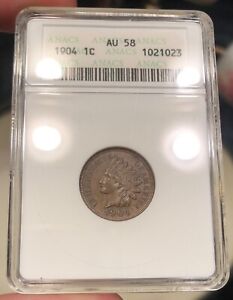 1904 Indian Head Cent graded AU58 by ANACS Soapbox Holder Type Coin Toned