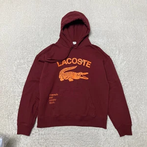 Lacoste Hoodie Men Small Maroon Big Logo Alligator Loose Fit Fleece Sweatshirt - Picture 1 of 14