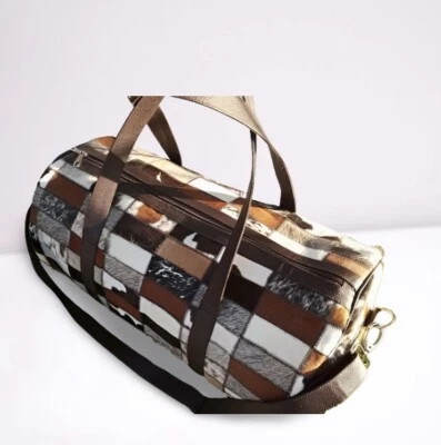 Patchwork Duffle Weekender Gym Leather Bag Tri Color Cowhide Road Trip Duffel - Image 1 of 3