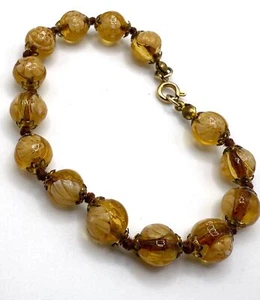 Vintage Gold Honig Glas Venezianische Weiße Blume Millefiori Perlen Perlen Armband - Bild 1 von 10