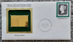 Cubierta sellada primer día $6 centavos negra Antigua y Barbuda oro 24kt 4 de abril de 1986 - Imagen 1 de 7